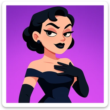 cute animated 3D cartoon character of a glamorous woman with short black hair in elegant curls, wearing a dark navy blue off-shoulder gown and long black gloves, confident slightly smug facial expression with bold dark makeup including black lipstick and sharp eyebrows, hand placed on chest as if in disbelief or sass, bright purple gradient background, mobile game character art style sticker