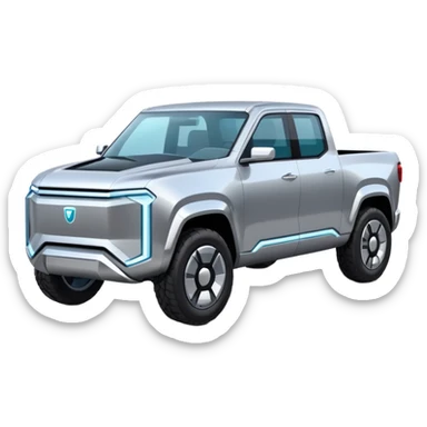 A futuristic electric pickup truck emoji, silver chrome body, angular cyber design, smooth metallic panels, subtle reflections, minimalistic proportions, iOS emoji style, centered composition, clean white background, soft lighting sticker