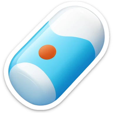 A one capsule-shaped pill, positioned at an angle.: one half is blue, and the other half is white. sticker