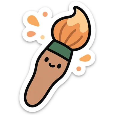 A cute and whimsical artist's paintbrush with a soft and cozy design, featuring a warm color palette: golden orange (FA9B41), deep forest green (4A7C5C), muted taupe brown (96775A), and pastel peach (FFCC9A). The brush has a delicate wooden handle in muted brown, with the bristles slightly fanned out, holding a touch of paint in shades of peach and orange. The tip of the brush is dipped in a soft golden hue, and tiny splashes of paint in the palette’s colors are gently scattered around. The overall mood is playful, artistic, and charming, evoking a sense of creativity and warmth. sticker