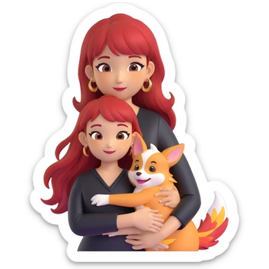 Asian girl with long hair and wispy bangs, black leather dress, gold earrings, subtle false lashes, 3/4 sleeve tattoo with phoenix and dragon on left arm, hugging joyful red head tri-color corgi sticker