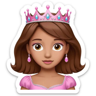 A pretty princess emoji with eye lashes, tan skin and brown hair with a pink dress and tiara  sticker