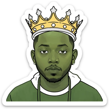 Kendrick Lamar as a king in peepo style, wearing a crown, cheerful expression, simple and cute emoji look sticker
