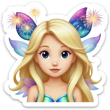 Long blonde hair fairy wearing iridescent wings in front of Mickey fireworks  sticker
