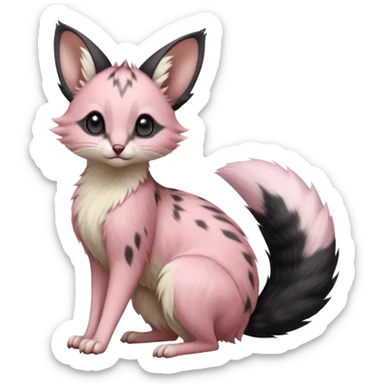 Pastel Pink, black-pointed, soft natural realistic romantic vintage antique divine beautiful elegant pretty precious cute young youthful  Fakémon-Pokémon-opossum-feline-mouse-serval-caracal-chinchilla-Minccino-Cinccino-Meowstic-rodent-hybrid-creature with a big fluffy bushy tail (full body) sticker