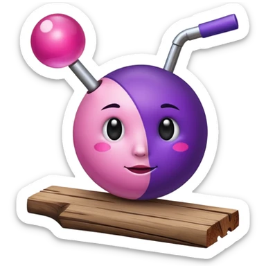 A half pink half purple ball with a face and a wooden stem followed by a glass stem on top of the wood stem tilted 90 degrees sticker