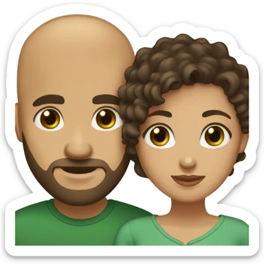 Married couple, man bald, brown beard, man green eyes, woman dark curly hair, light brown eyes sticker