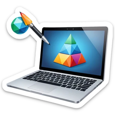 Professional icon for Graphic Design: a laptop with Photoshop open on the screen, displaying geometric shapes like spheres, cubes, and pyramids, along with a stylus. The icon should reflect the creative process in graphic design. Transparent background. sticker