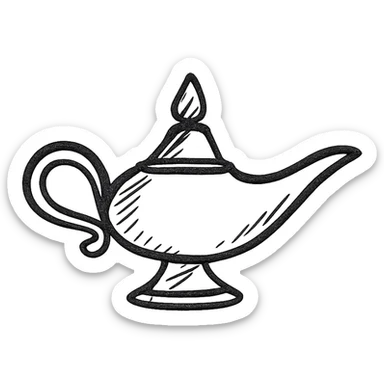 A magic lamp as a hand-drawn icon with black outlines and no fill sticker