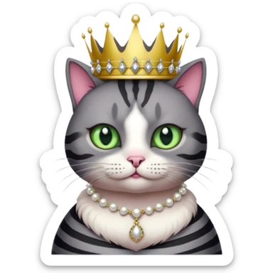 Gatito gris oscura con rayas negras ojos verdes vestida de reina con coronas y diamantes, más peluda y gordita  sticker