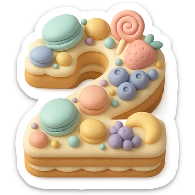number-shaped cookie cream tart with Macarons, Fruit, and Candy toppings, simplified, clear, emoji-like, no faces sticker