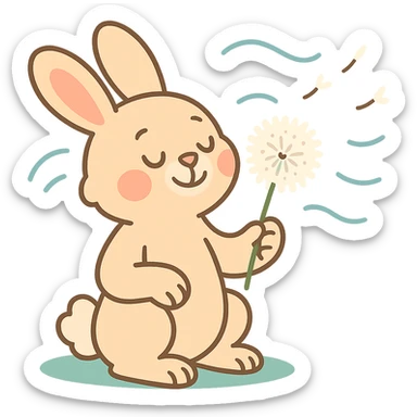 bunny holding a dandelion in the breeze, gentle spring vibe, soft pastel colors sticker
