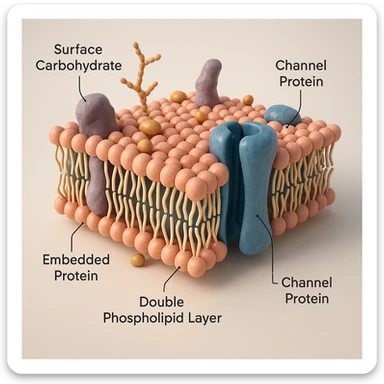 3D scientific diagram of a cell membrane with a channel protein, cutaway view showing double phospholipid layer, embedded proteins, surface carbohydrates, cholesterol, and a visible channel protein, realistic lighting, educational clarity sticker