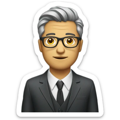 man with glasses and a bad haircut trying to distract from it by wearing a suit sticker