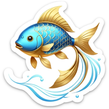 Luminous golden fish icon with flowing lines, stylized as an omega-3 symbol. The fish has a metallic gold appearance with gentle light emanating from within, creating a magical, ethereal quality against a subtle blue glow. sticker