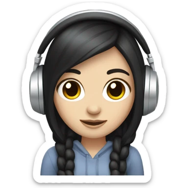 white girl with black hair wearing headphones with speakers sticker