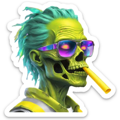 420 .Zombie_ Vaporwave black holographic oilslick zombie unicorn smoking yellow caution tape hemp leaves sticker