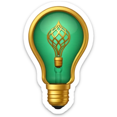3D emoji, light bulb with Moroccan arabesque pattern inside, golden frame, glowing light, emerald green and gold colors, minimalist, white background. sticker