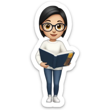 dark haired girl with a pony tail, wearing a white sweater with a new year ornament, in dark blue jeans. She is holding a book of English grammar in her hands. The girl is in glasses.  sticker