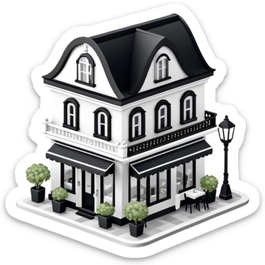 Isometric exterior little black and white fancy restaurant dollhouse style 3D realistic  sticker