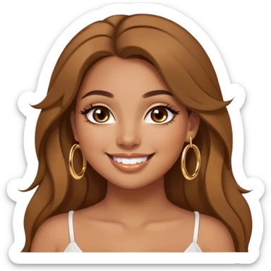 Latina girl medium tan skin with gold hoops and brown makeup beautiful light brown long hair down smiling black wing eye plus size  sticker
