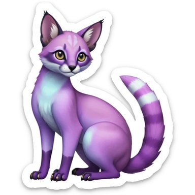 Colorful dark tropical pastel-lilac-lavender-violet iridescent pastel white glorious divine exotic cute cool beautiful shiny beautiful fantasy-caracal-civet-genet-sergal-vernid-animal-Fakémon-hybrid-fursona (full body) sticker
