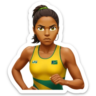 Cinematic Realistic portrait of Cathy Freeman, shown as an iconic Australian sprinter with a focused, determined expression and modern athletic yellow and green attire accented with subtle native motifs, rendered in dynamic, vibrant lighting sticker