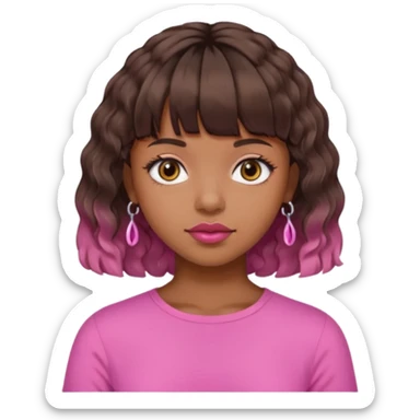 Chica morena con pelo ondulado y corto, con flequillo y piercing en el labio, top rosa  sticker