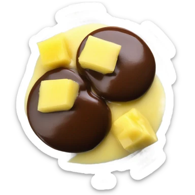 Chocolate and vanilla quenelle on glass plate with 3 drops of pineapple sauce sticker