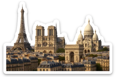 cinematic, realistic emoji of Paris featuring its iconic skyline and major landmarks such as the Eiffel Tower, Notre-Dame Cathedral, Arc de Triomphe, and Sacré-Cœur, with lifelike detail, accurate colors, bright daytime lighting, wide city view, no sky, no clouds, fully transparent background sticker