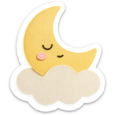 kawaii sleepy yellow moon resting on a white cloud pillow, no arms, no legs, full body, soft pastel colors, kawaii paper craft style sticker