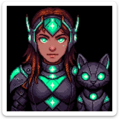 Add a small robotic pet next to the android girl with glowing eyes and armor in pixel art style. sticker