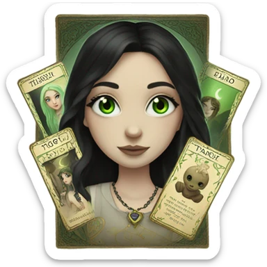 Girl with green eyes, pale skin, black hair and nose ring piercing with taro cards sticker