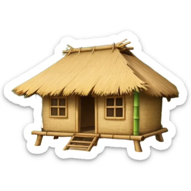 bamboo hut with volcano in the back in Volcano Island  sticker
