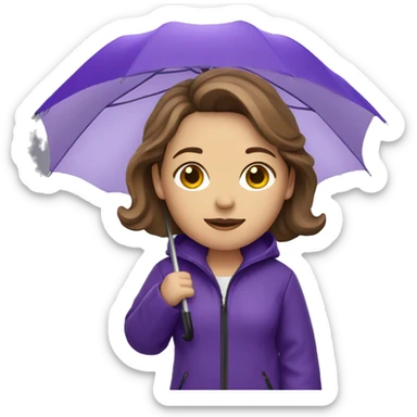 White woman with brown hair wearing a purple rain jacket with a purple umbrella sticker