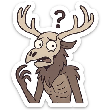 cartoon wendigo with antlers, puzzled expression, floating question mark above its head sticker