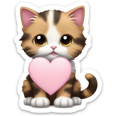calico fluffy fat kitten with pale pink bow holding a pale pink heart sticker