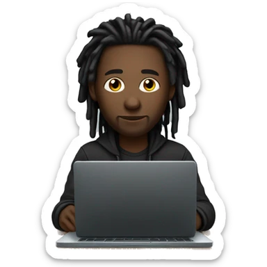 Black-man-with-dreads-wearing-black-trackstuit-sitting-down-on-chair facing-foward-focused-on-laptop-computer- sticker