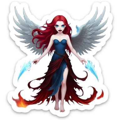 full body portrait of an extremely diabolical girl with pale white skin, massive towering wings, very long flowing blood red hair, glowing blue eyes, evil grin, no accessories, standing in thick swirling dark red and black smoke that rises up from the ground, heavy smoke effect at her feet sticker