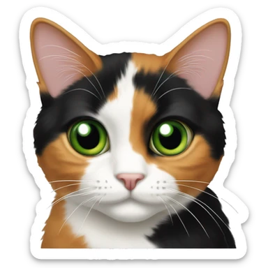 calico cat with a mix of black, orange, and white fur, green eyes sticker