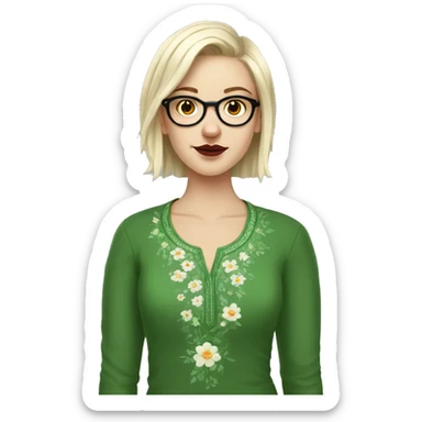 White girl in a green kurta with flower design, glasses, alot of piercing, gay, red lips, nose ring, full body, short straight edgar hair, sticker