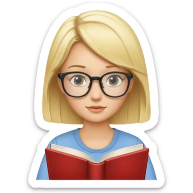 blonde girl with glasses reading sticker