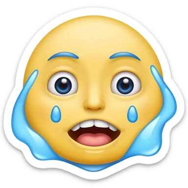 crying emoji with eyes open wide, visible eye bags, yellow emoji, visible teeth, stretched out mouth, blue tears, exaggerated  sticker