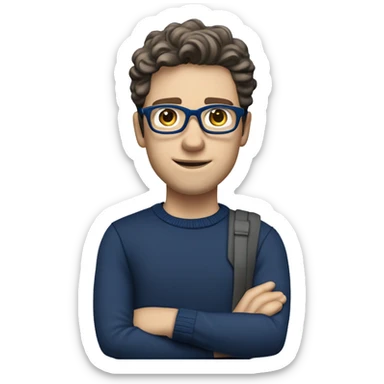 caucasian white boy with dark wavy  hair, blue glasses, and carrying design plan because he is an architect carrying a pencil and a set model maquette. wearing a navy blue long sleeve sweater shirt. smart.  sticker