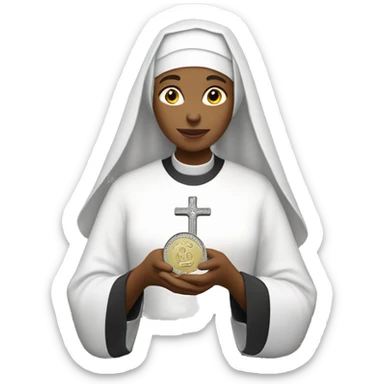 A nun holding a  dime sticker