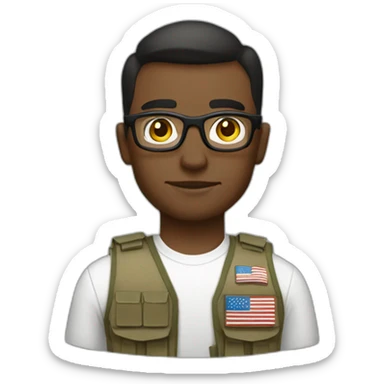 soldier with a part in hair, wearing glasses, a white dress shirt, bulletproof vest with an american flag sticker