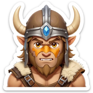 Cinematic Fierce Barbarian Portrait Emoji, Poised and bold with a rugged yet cartoonish build in tattered furs and a horned helmet, expressive bright eyes and a confident smirk, Simplified yet dynamic features, highly detailed, glowing with a vivid, adventurous aura, high shine, heroic and spirited, stylized with an air of medieval warrior charm, focused and energetic, soft glowing outline, capturing the essence of a fearless barbarian adventurer ready to lead his clan with spirited valor! sticker