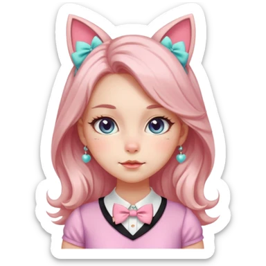 Gorgeous shiny smooth soft pretty aesthetic elegant beautiful gorgeous cute kawaii pastel anime style lady with blushing cheeks, cat ears, long beautiful Lucious stylish hair, big pretty eyes, cute colorful pastel dress and skirt and bow ties, and necklace sticker