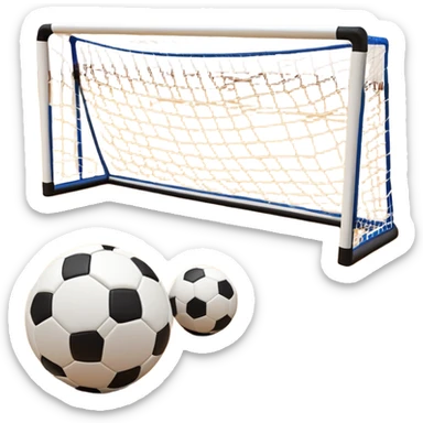 A close-up of footballs and a goal on a covered indoor futsal court with a wooden floor. The scene highlights the details of the balls and goalposts, with the smooth, polished court surface creating a clean and focused atmosphere for the game. sticker