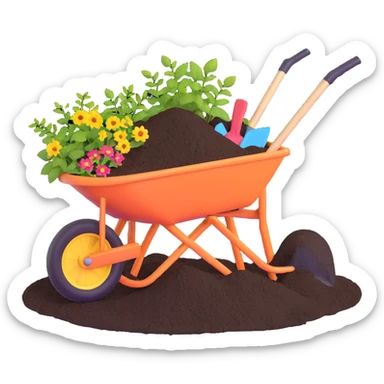 wheelbarrow with soil fertilizer and gardening tools sticker